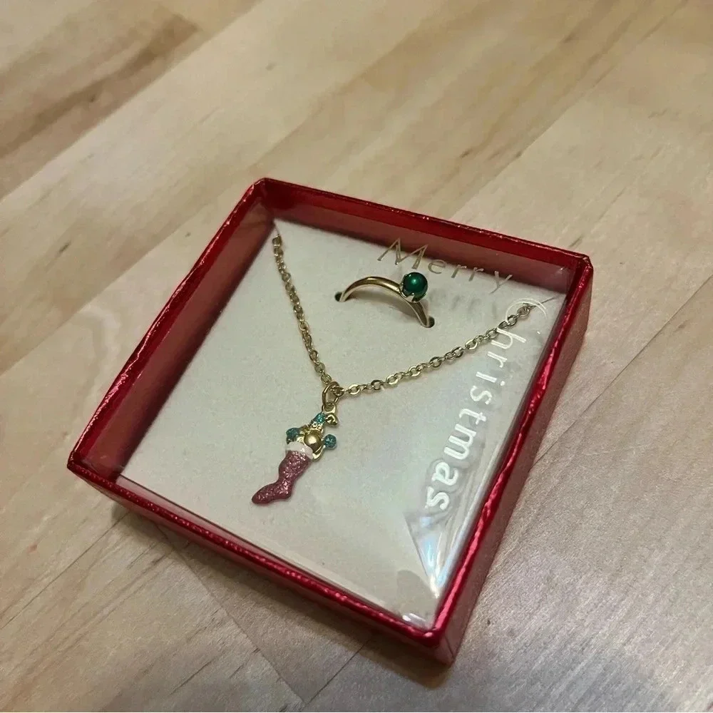 Christmas Stocking Little Girls Jewelry Set Necklace Ring